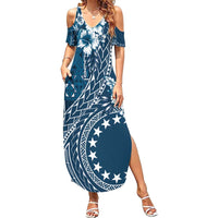 Kia Orana Cook Islands Family Matching Summer Maxi Dress and Hawaiian Shirt Tiare and Stars - Navy Blue