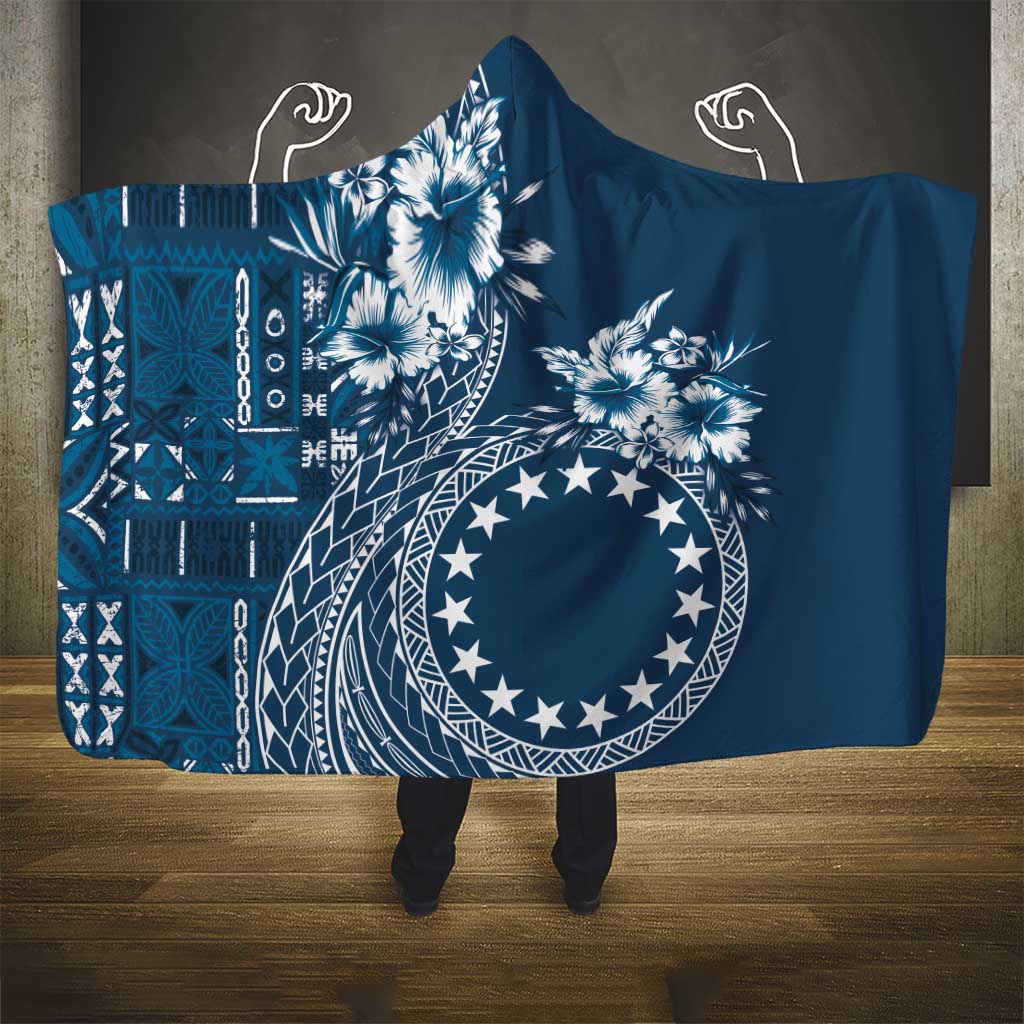 Kia Orana Cook Islands Hooded Blanket Tiare and Stars - Navy Blue