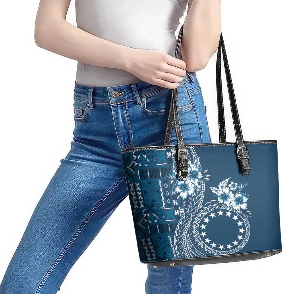 Kia Orana Cook Islands Leather Tote Bag Tiare and Stars - Navy Blue