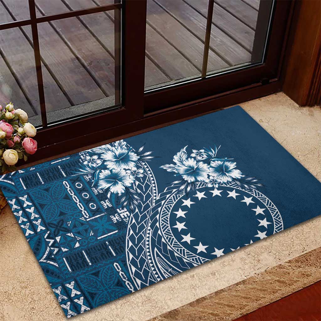 Kia Orana Cook Islands Rubber Doormat Tiare and Stars - Navy Blue