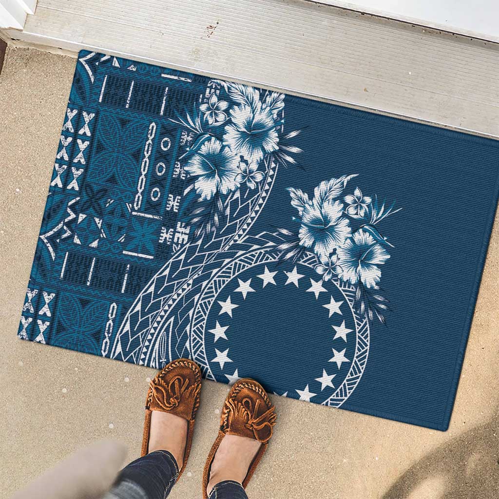 Kia Orana Cook Islands Rubber Doormat Tiare and Stars - Navy Blue