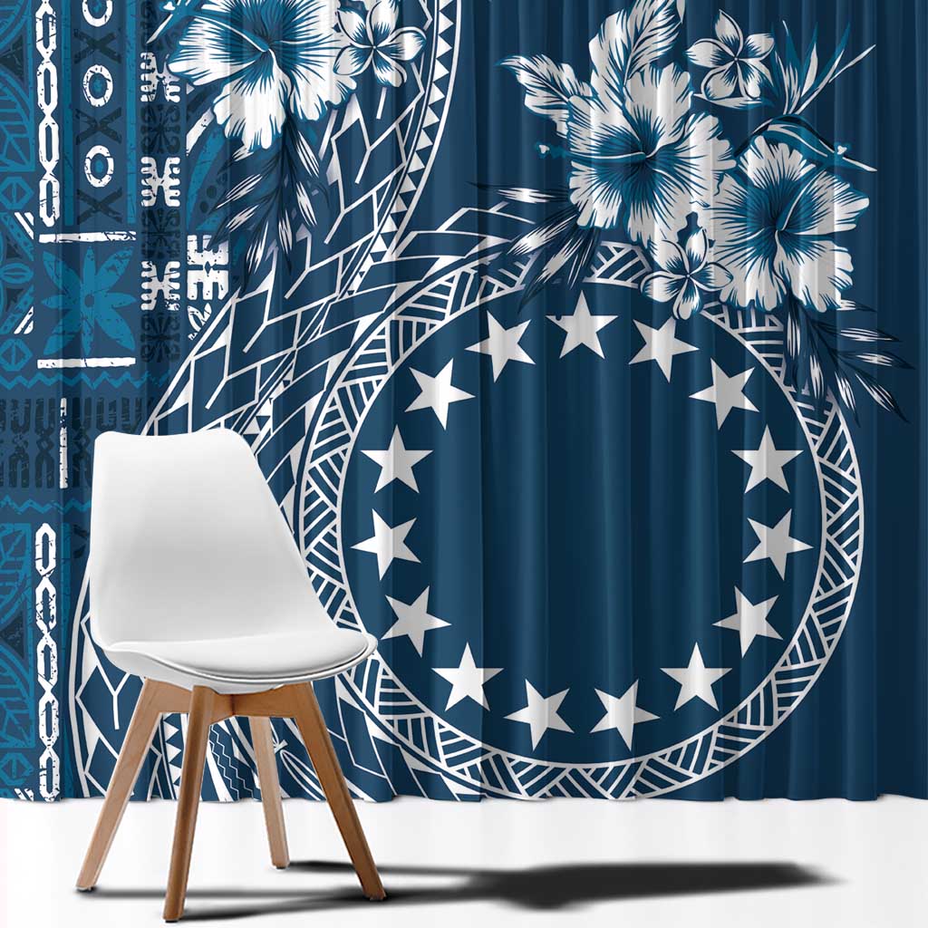 Kia Orana Cook Islands Window Curtain Tiare and Stars - Navy Blue