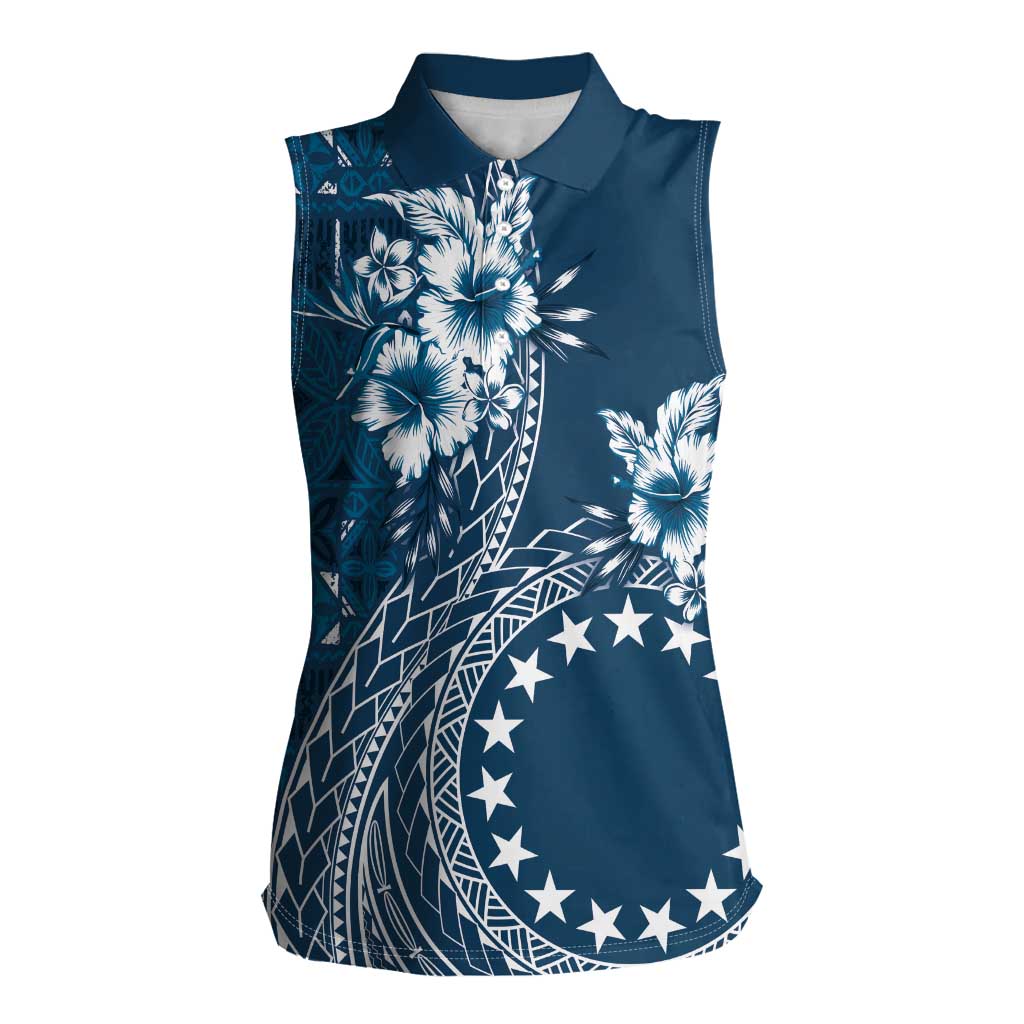 Kia Orana Cook Islands Women Sleeveless Polo Shirt Tiare and Stars - Navy Blue