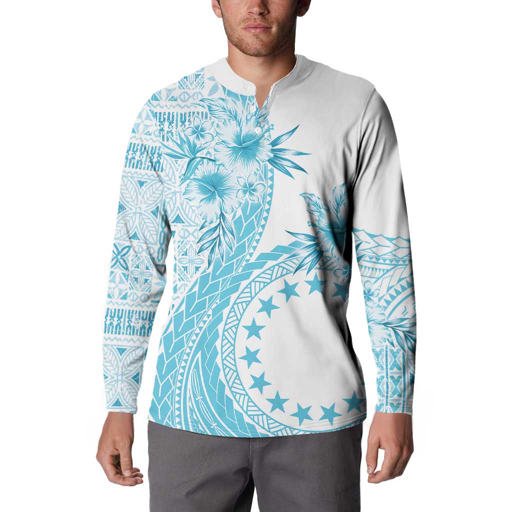 Kia Orana Cook Islands Button Sweatshirt Tiare and Stars - Turquoise