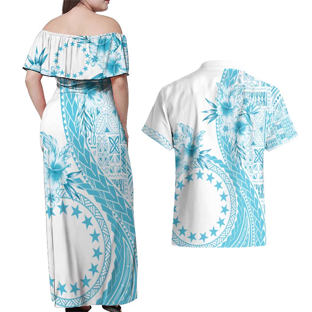Kia Orana Cook Islands Couples Matching Off Shoulder Maxi Dress and Hawaiian Shirt Tiare and Stars - Turquoise