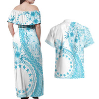 Kia Orana Cook Islands Couples Matching Off Shoulder Maxi Dress and Hawaiian Shirt Tiare and Stars - Turquoise