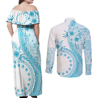 Kia Orana Cook Islands Couples Matching Off Shoulder Maxi Dress and Long Sleeve Button Shirt Tiare and Stars - Turquoise