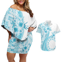 Kia Orana Cook Islands Couples Matching Off Shoulder Short Dress and Hawaiian Shirt Tiare and Stars - Turquoise