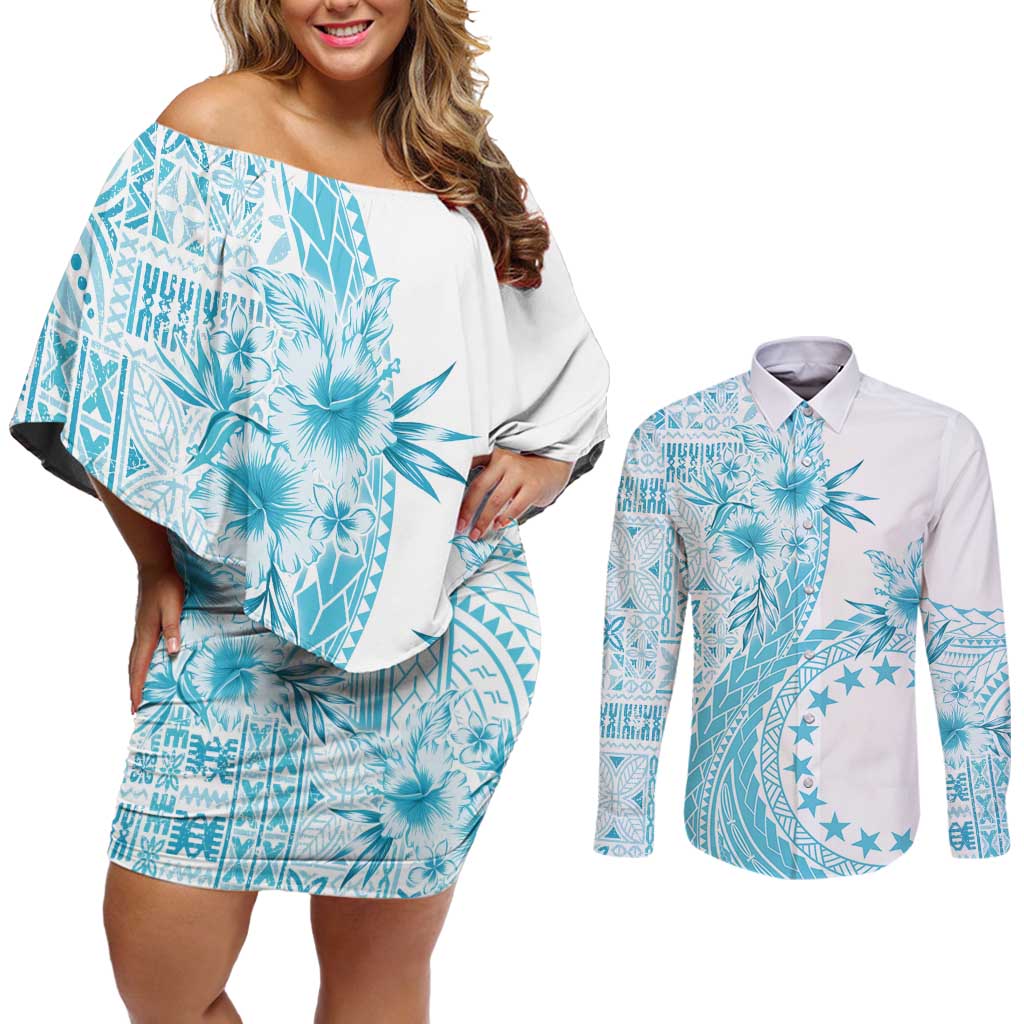 Kia Orana Cook Islands Couples Matching Off Shoulder Short Dress and Long Sleeve Button Shirt Tiare and Stars - Turquoise