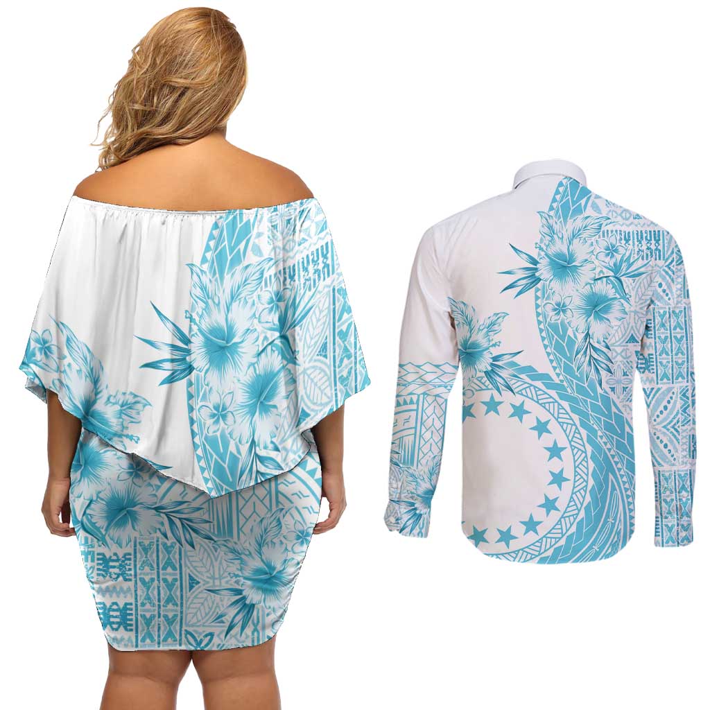Kia Orana Cook Islands Couples Matching Off Shoulder Short Dress and Long Sleeve Button Shirt Tiare and Stars - Turquoise