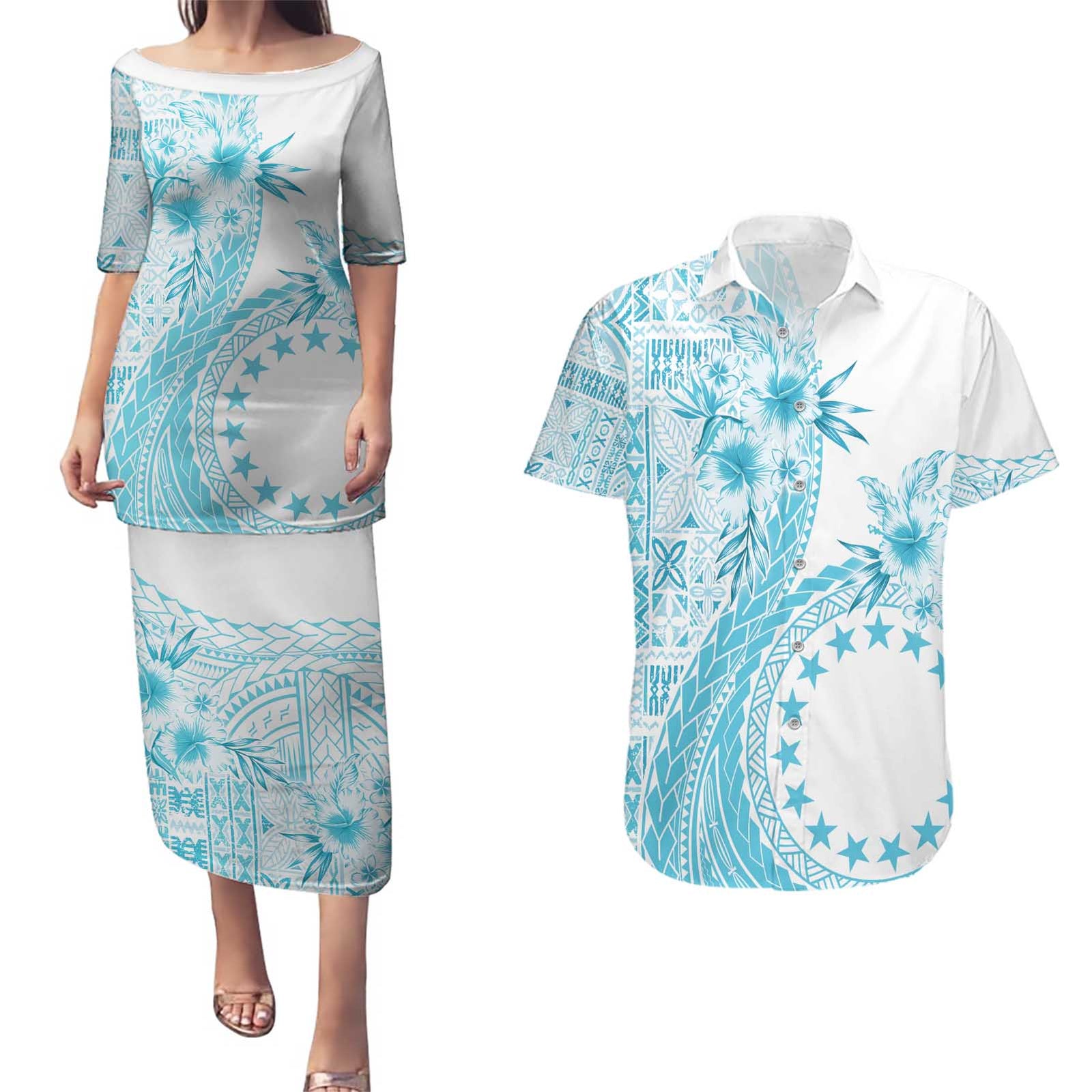Kia Orana Cook Islands Couples Matching Puletasi and Hawaiian Shirt Tiare and Stars - Turquoise