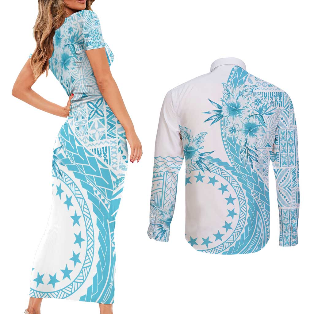 Kia Orana Cook Islands Couples Matching Short Sleeve Bodycon Dress and Long Sleeve Button Shirt Tiare and Stars - Turquoise