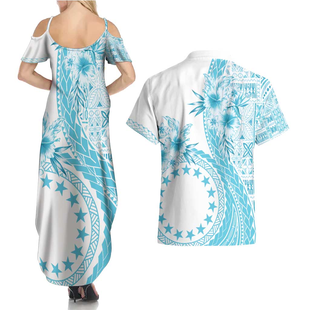 Kia Orana Cook Islands Couples Matching Summer Maxi Dress and Hawaiian Shirt Tiare and Stars - Turquoise