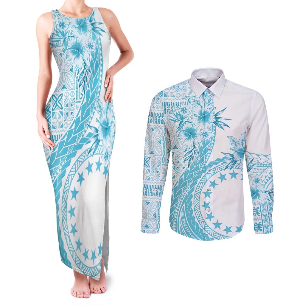 Kia Orana Cook Islands Couples Matching Tank Maxi Dress and Long Sleeve Button Shirt Tiare and Stars - Turquoise