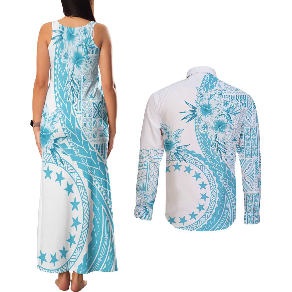 Kia Orana Cook Islands Couples Matching Tank Maxi Dress and Long Sleeve Button Shirt Tiare and Stars - Turquoise