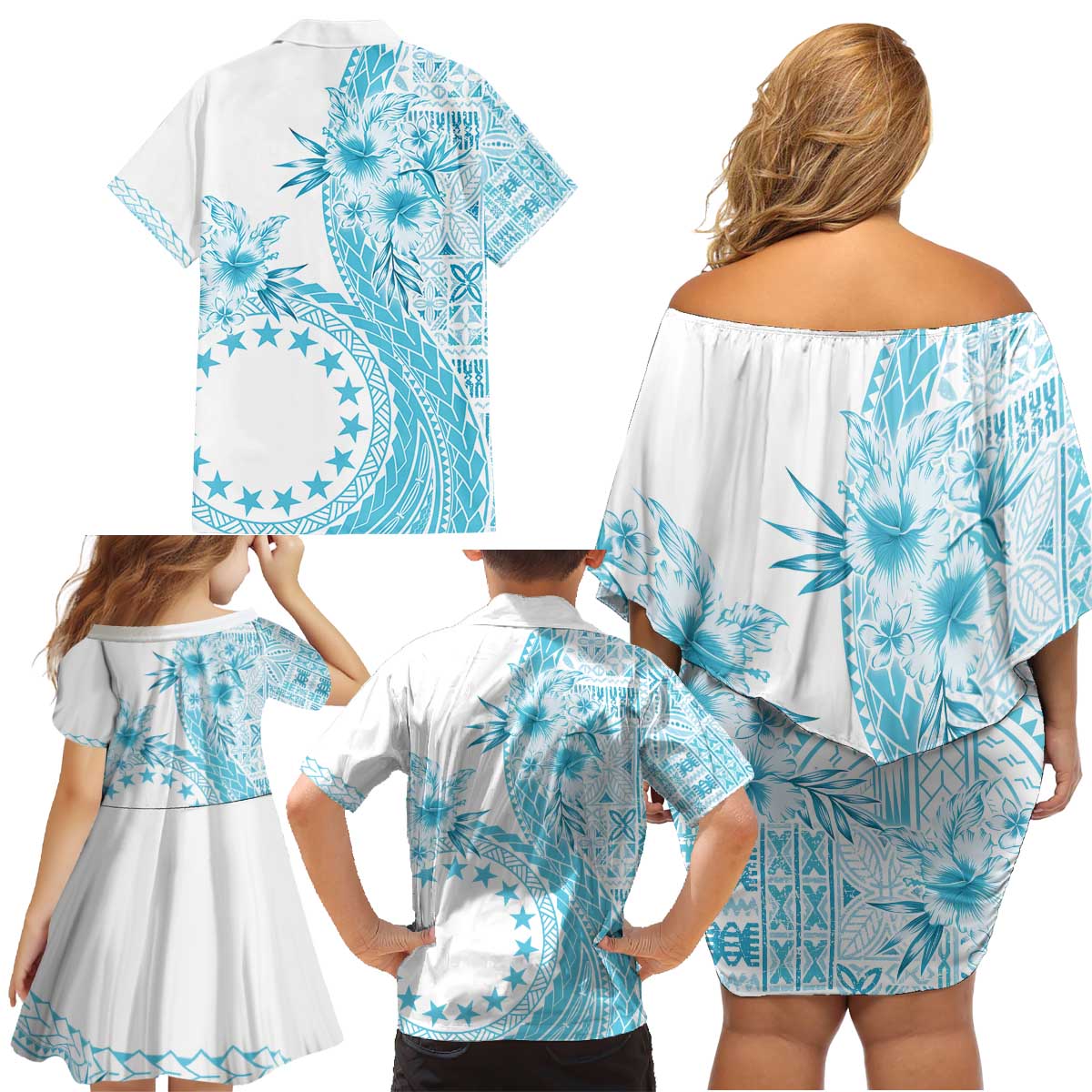 Kia Orana Cook Islands Family Matching Off Shoulder Short Dress and Hawaiian Shirt Tiare and Stars - Turquoise