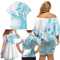 Kia Orana Cook Islands Family Matching Off Shoulder Short Dress and Hawaiian Shirt Tiare and Stars - Turquoise