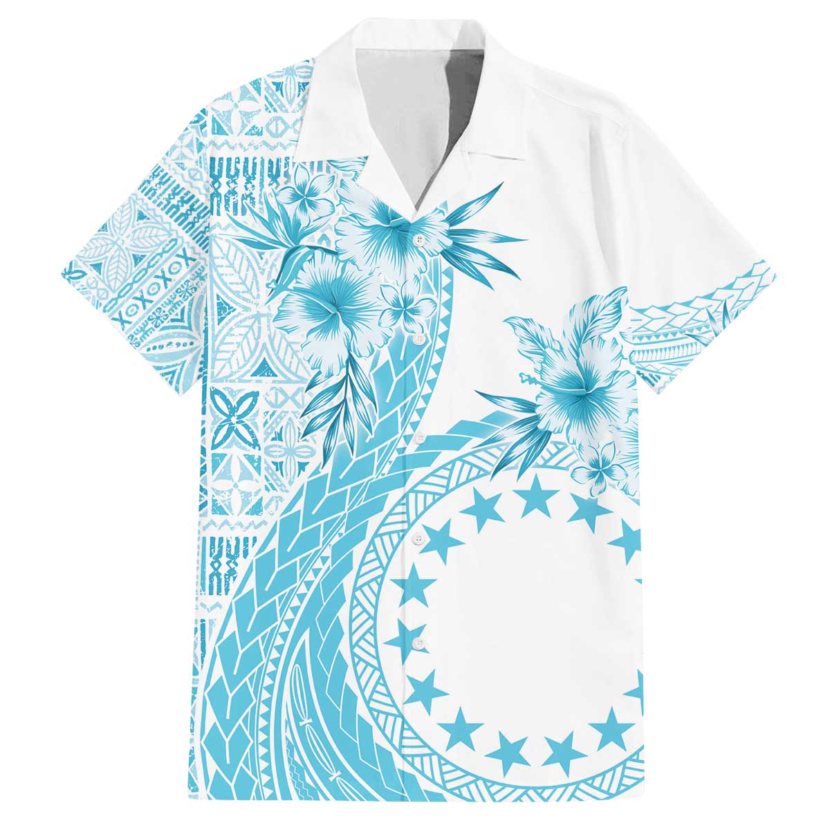 Kia Orana Cook Islands Family Matching Off Shoulder Short Dress and Hawaiian Shirt Tiare and Stars - Turquoise