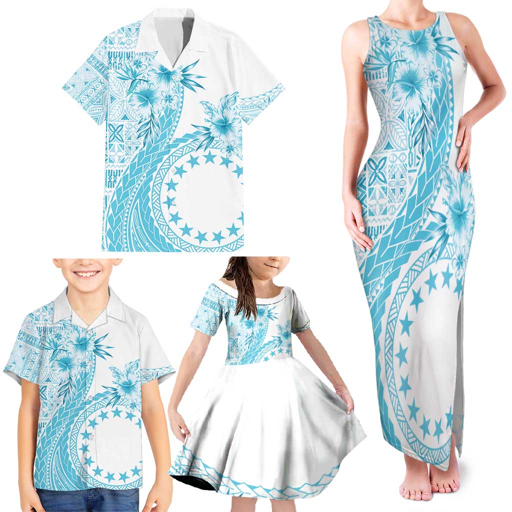 Kia Orana Cook Islands Family Matching Tank Maxi Dress and Hawaiian Shirt Tiare and Stars - Turquoise
