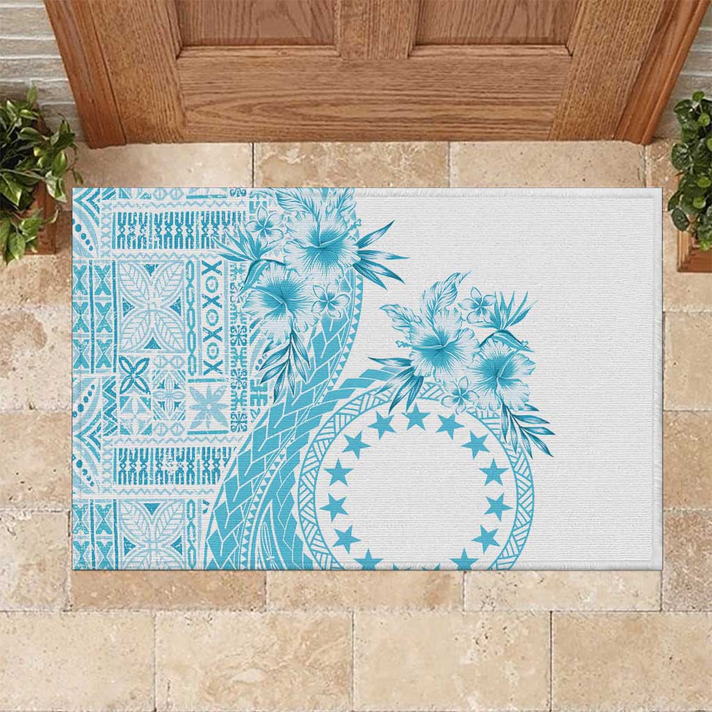 Kia Orana Cook Islands Rubber Doormat Tiare and Stars - Turquoise