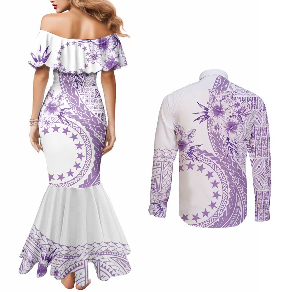 Kia Orana Cook Islands Couples Matching Mermaid Dress and Long Sleeve Button Shirt Tiare and Stars - Lavender