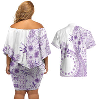 Kia Orana Cook Islands Couples Matching Off Shoulder Short Dress and Hawaiian Shirt Tiare and Stars - Lavender