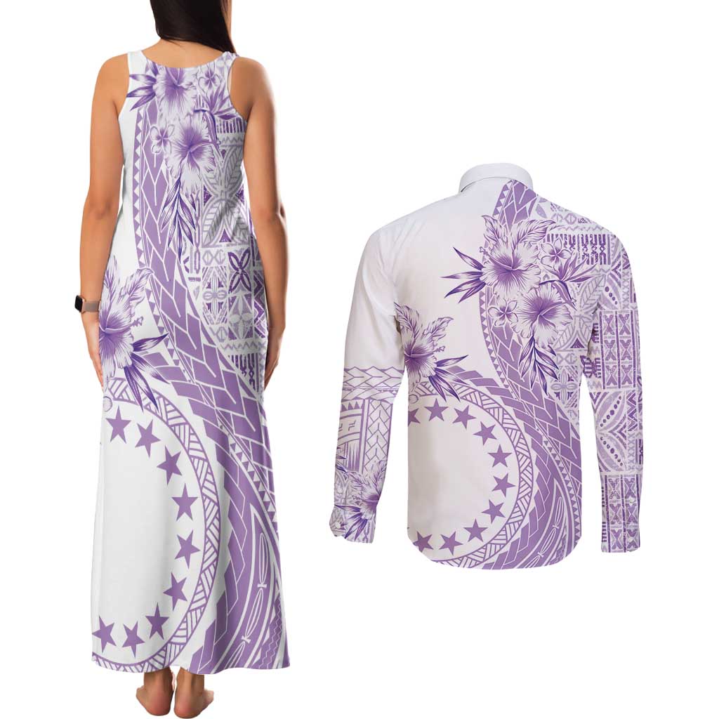 Kia Orana Cook Islands Couples Matching Tank Maxi Dress and Long Sleeve Button Shirt Tiare and Stars - Lavender