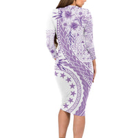 Kia Orana Cook Islands Long Sleeve Bodycon Dress Tiare and Stars - Lavender