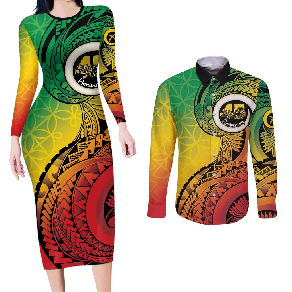 Vanuatu 45th Independence Anniversary Couples Matching Long Sleeve Bodycon Dress and Long Sleeve Button Shirt Ni-Van Sandroing - Polynesian Pride