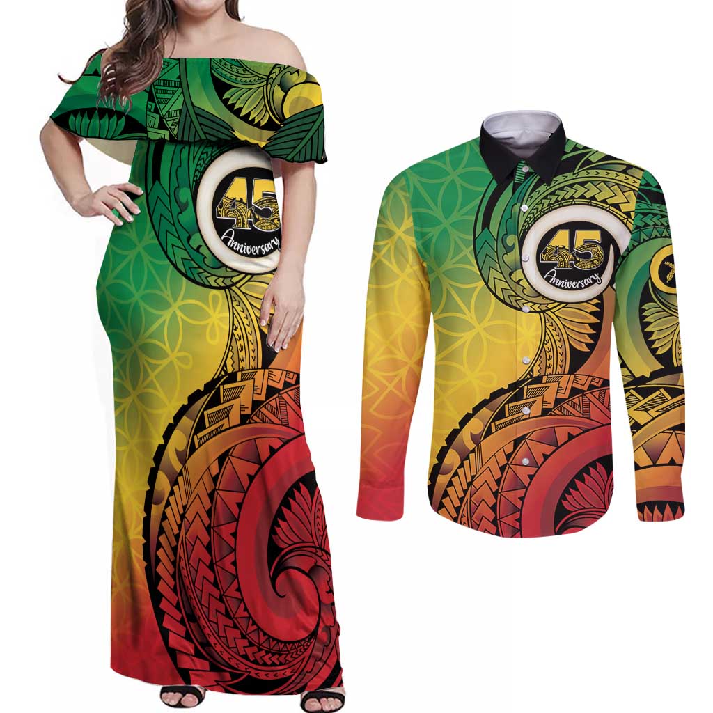 Vanuatu 45th Independence Anniversary Couples Matching Off Shoulder Maxi Dress and Long Sleeve Button Shirt Ni-Van Sandroing - Polynesian Pride