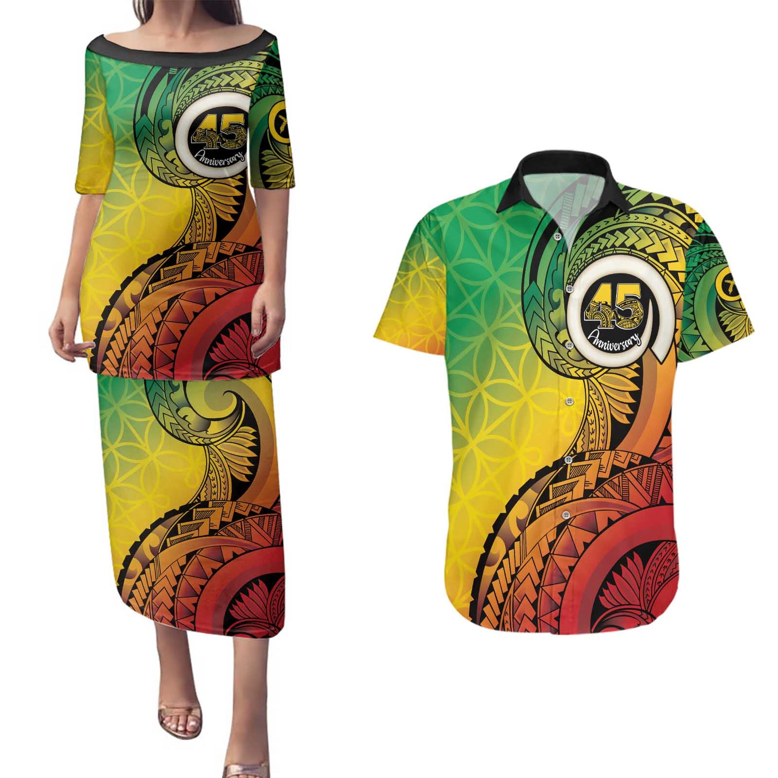 Vanuatu 45th Independence Anniversary Couples Matching Puletasi and Hawaiian Shirt Ni-Van Sandroing - Polynesian Pride