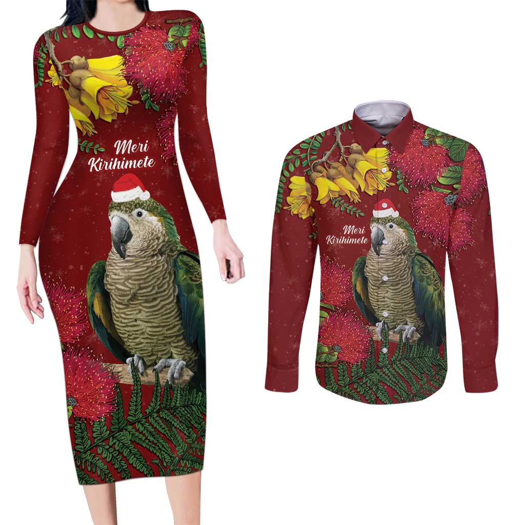 Kakapo Bird New Zealand Couples Matching Long Sleeve Bodycon Dress and Long Sleeve Button Shirt Floral Christmas