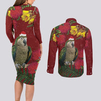 Kakapo Bird New Zealand Couples Matching Long Sleeve Bodycon Dress and Long Sleeve Button Shirt Floral Christmas
