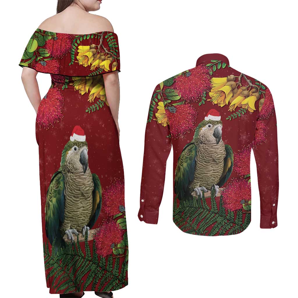 Kakapo Bird New Zealand Couples Matching Off Shoulder Maxi Dress and Long Sleeve Button Shirt Floral Christmas