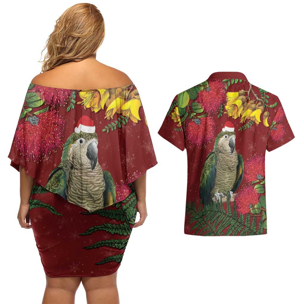 Kakapo Bird New Zealand Couples Matching Off Shoulder Short Dress and Hawaiian Shirt Floral Christmas