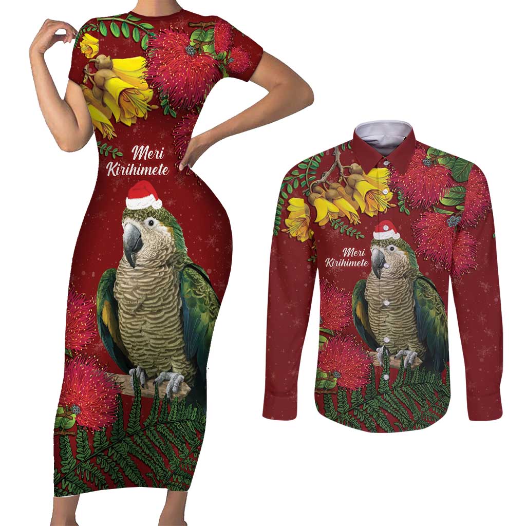 Kakapo Bird New Zealand Couples Matching Short Sleeve Bodycon Dress and Long Sleeve Button Shirt Floral Christmas