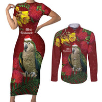 Kakapo Bird New Zealand Couples Matching Short Sleeve Bodycon Dress and Long Sleeve Button Shirt Floral Christmas