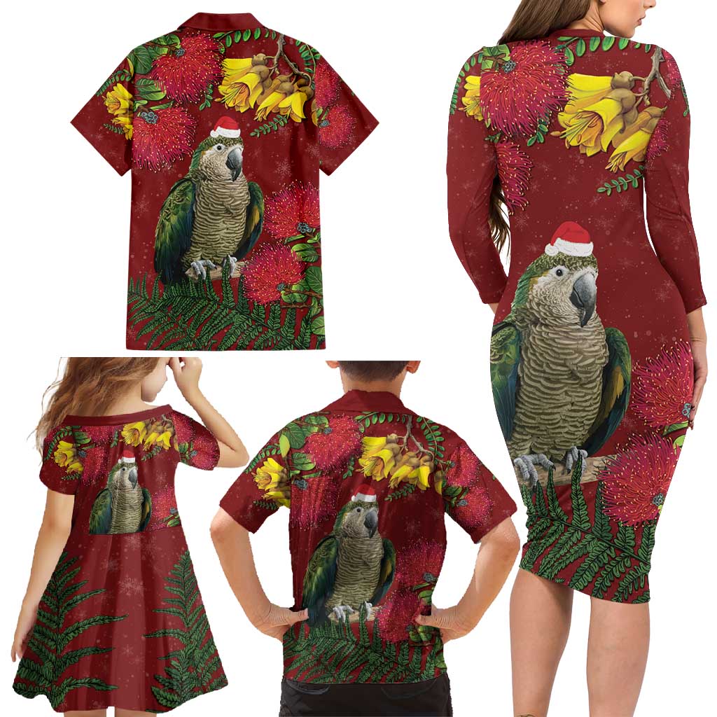 Kakapo Bird New Zealand Family Matching Long Sleeve Bodycon Dress and Hawaiian Shirt Floral Christmas