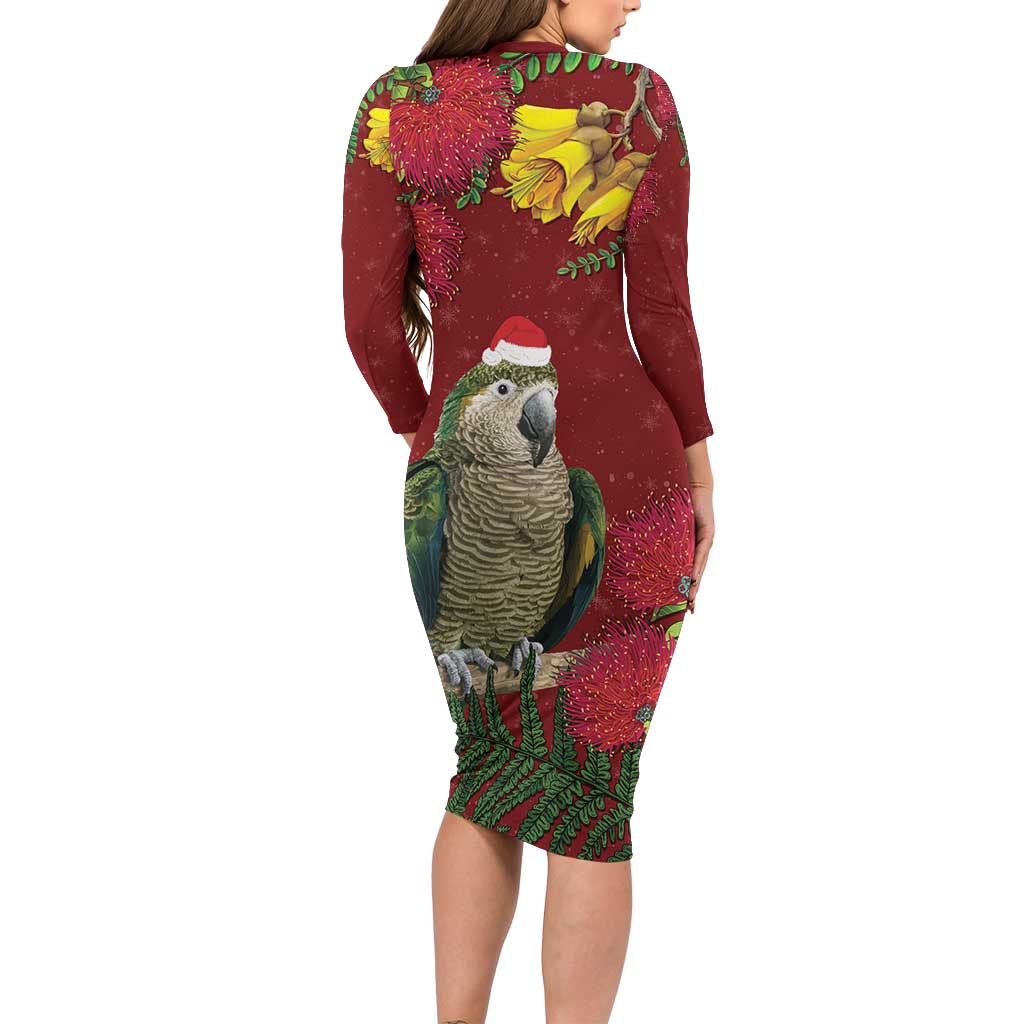 Kakapo Bird New Zealand Family Matching Long Sleeve Bodycon Dress and Hawaiian Shirt Floral Christmas