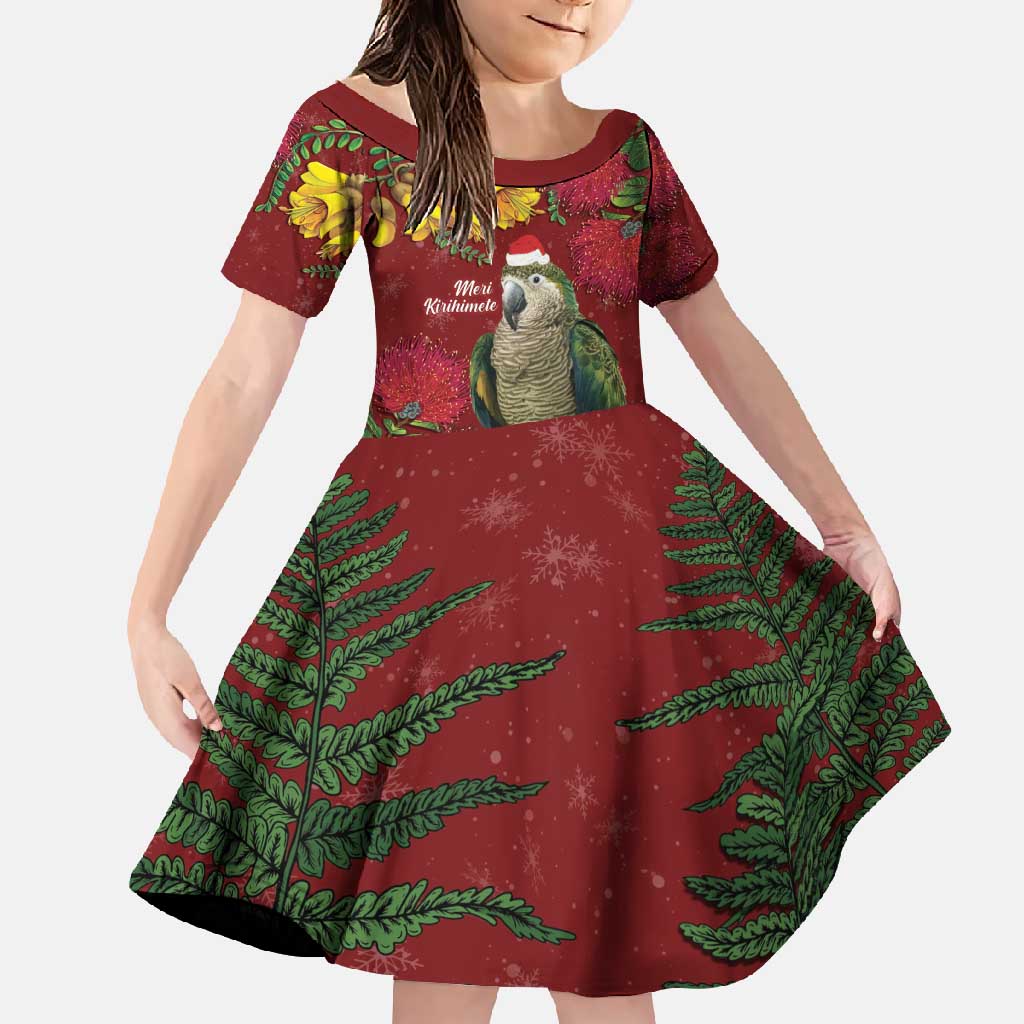 Kakapo Bird New Zealand Family Matching Tank Maxi Dress and Hawaiian Shirt Floral Christmas LT7 Daughter's Dress Red - Polynesian Pride