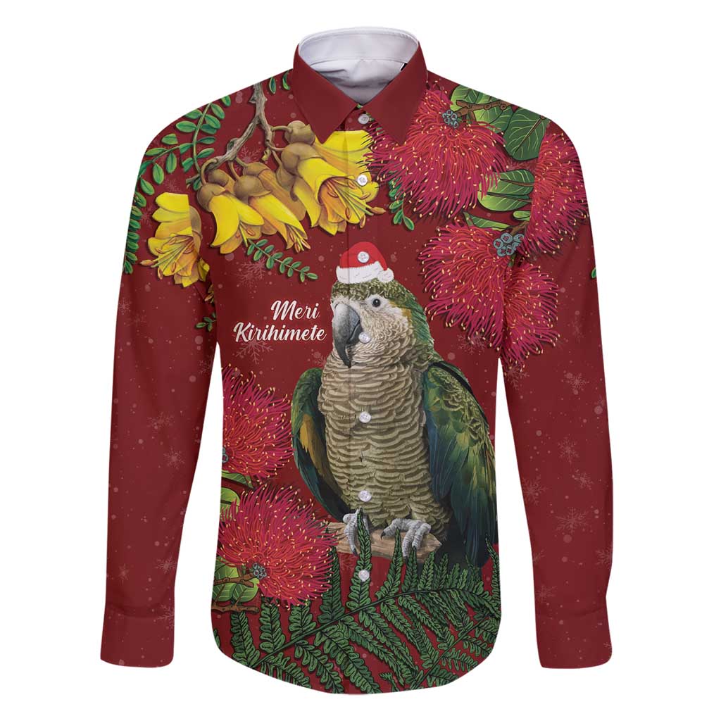 Kakapo Bird New Zealand Family Matching Tank Maxi Dress and Hawaiian Shirt Floral Christmas LT7 Dad's Shirt - Long Sleeve Red - Polynesian Pride