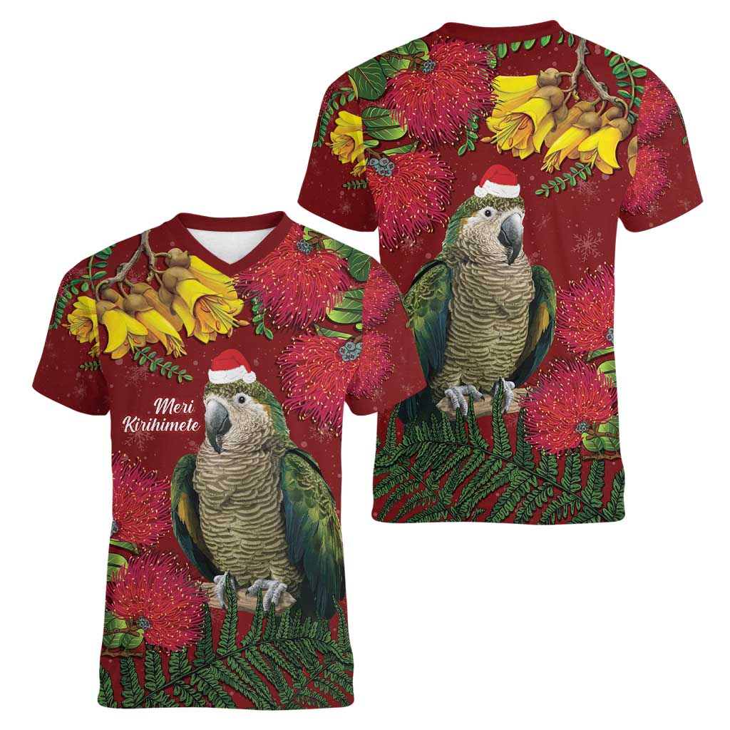 Kakapo Bird New Zealand Women V-Neck T-Shirt Floral Christmas