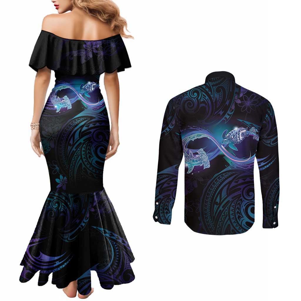 Polynesian Personalized Memorial Couples Matching Mermaid Dress and Long Sleeve Button Shirt Oceanic Infinity Symbol - Until We Meet Again - Polynesian Pride