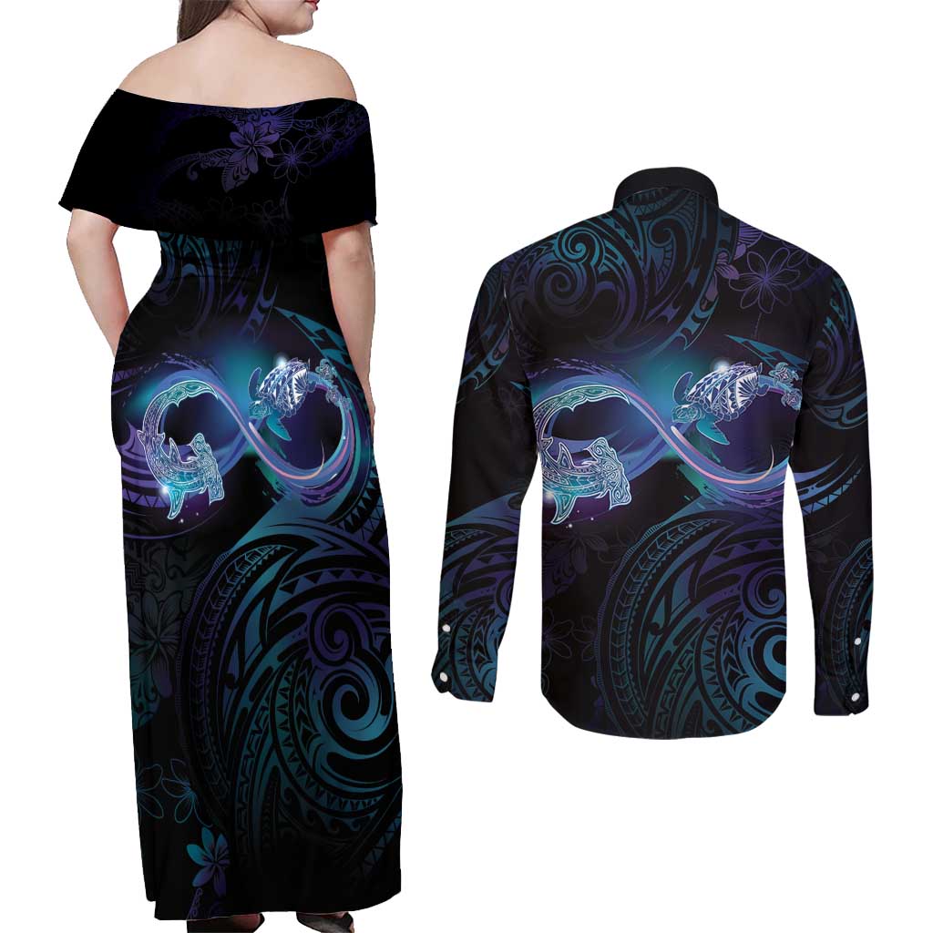Polynesian Personalized Memorial Couples Matching Off Shoulder Maxi Dress and Long Sleeve Button Shirt Oceanic Infinity Symbol - Until We Meet Again - Polynesian Pride