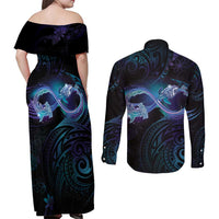 Polynesian Personalized Memorial Couples Matching Off Shoulder Maxi Dress and Long Sleeve Button Shirt Oceanic Infinity Symbol - Until We Meet Again - Polynesian Pride