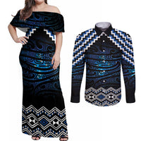 New Zealand Matariki Couples Matching Off Shoulder Maxi Dress and Long Sleeve Button Shirt Galaxy Styled Taniko