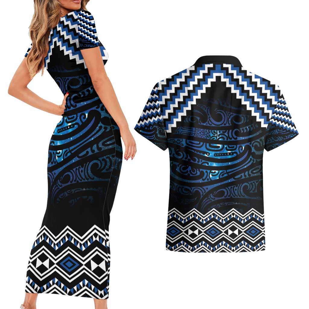 New Zealand Matariki Couples Matching Short Sleeve Bodycon Dress and Hawaiian Shirt Galaxy Styled Taniko