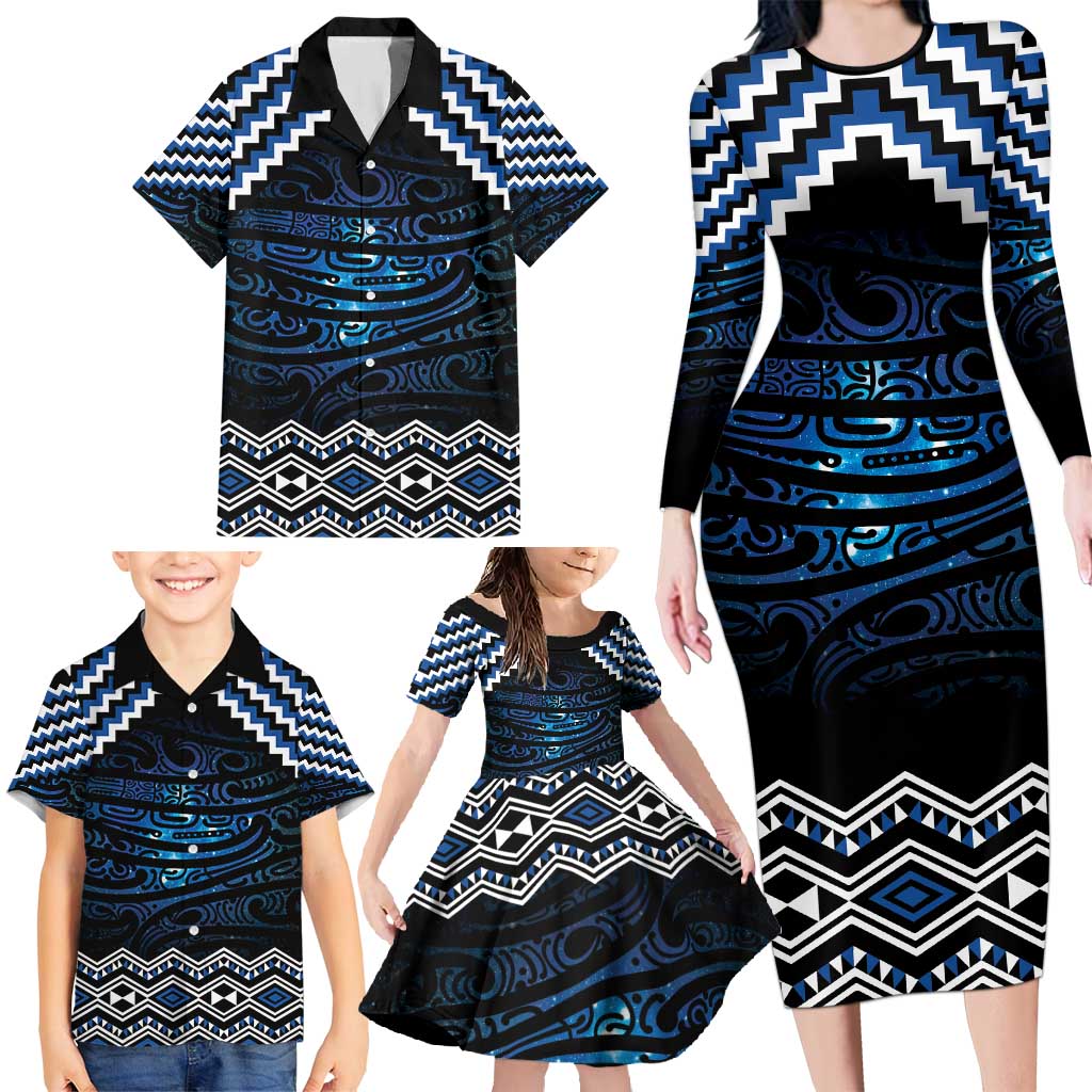 New Zealand Matariki Family Matching Long Sleeve Bodycon Dress and Hawaiian Shirt Galaxy Styled Taniko