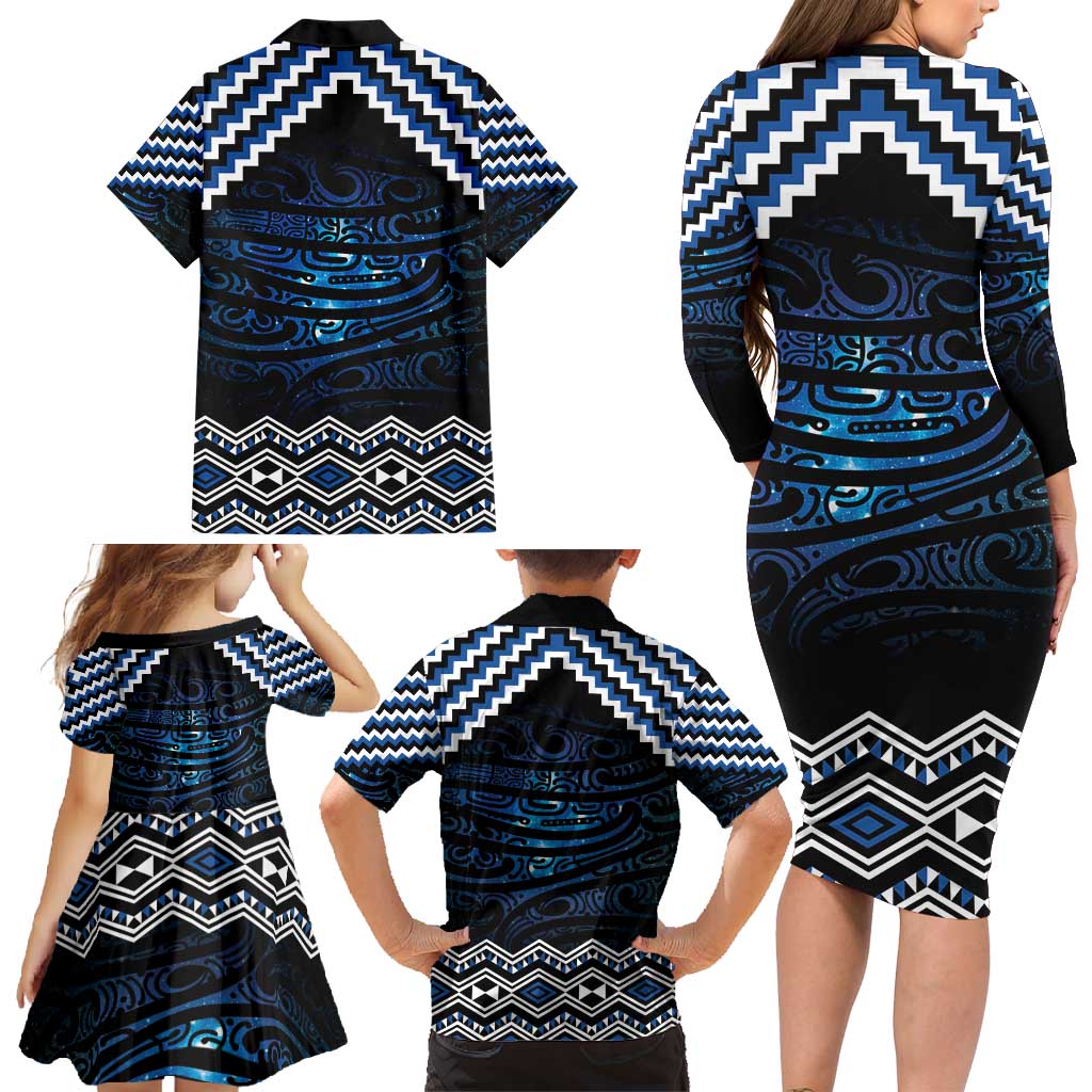 New Zealand Matariki Family Matching Long Sleeve Bodycon Dress and Hawaiian Shirt Galaxy Styled Taniko