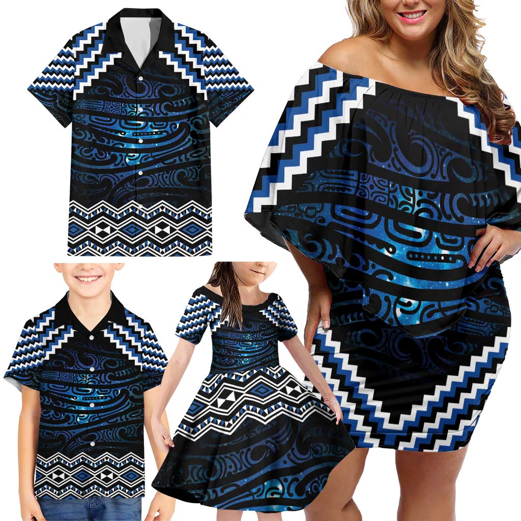 New Zealand Matariki Family Matching Off Shoulder Short Dress and Hawaiian Shirt Galaxy Styled Taniko